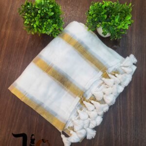 mulmul cotton saree golden stripe & white